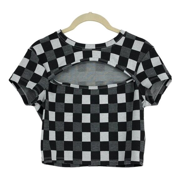 BP by Nordstrom Black White & Grey Gingham Checker Cutout Crop Top Shortsleeve S - Picture 2 of 16
